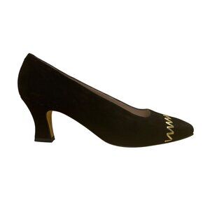 Rangoni Women’s Black Suede Gold Zig-Zag Trim Mid Heel Ancora Pumps Size 8 M